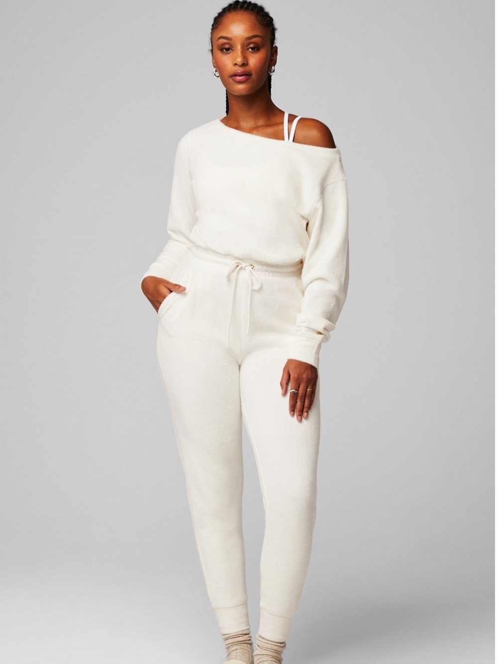 Fabletics Cozy Cord Off The Shoulder Jumpsuit in Bone - Picture 2 of 8